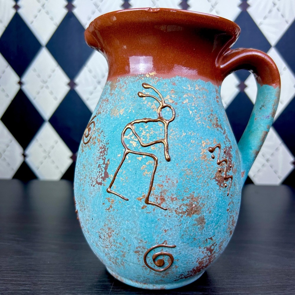 Southwestern Pottery Petroglyph Pitcher Turquoise And terracotta Vase Kokopelli - Picture 12 of 16